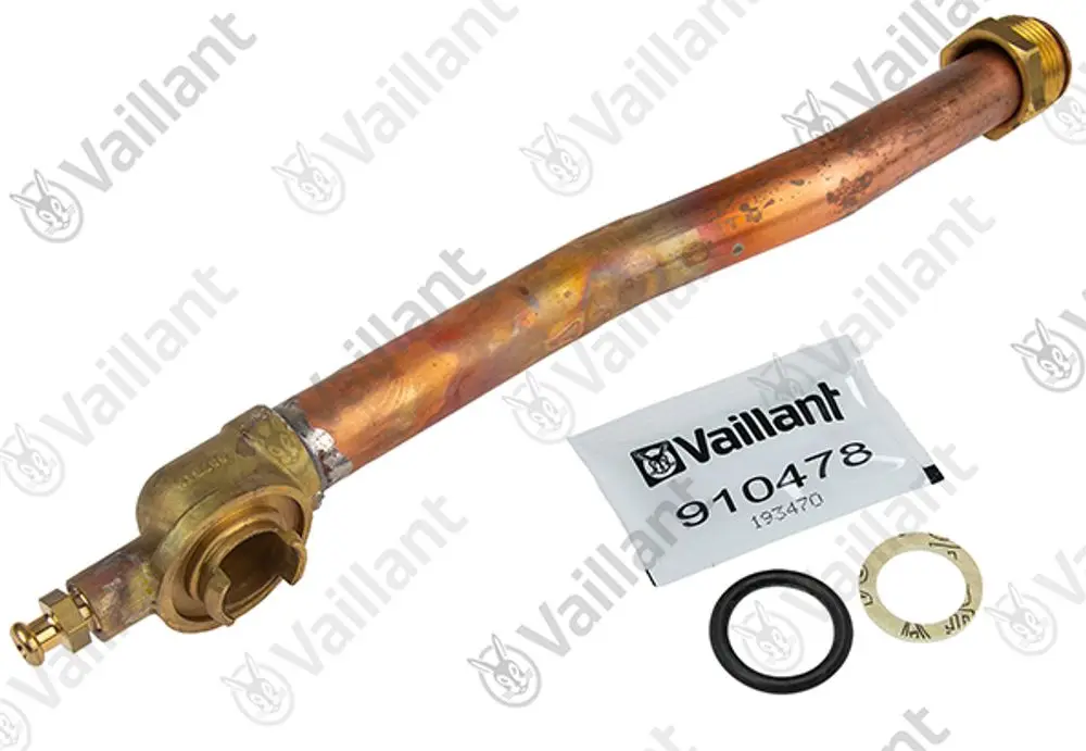 Vaillant Rohr mit Kupferoberfläche und Anschlussstück, begleitet von Dichtungsringen und Verpackung. Geeignet für den Einsatz in Heizsystemen.